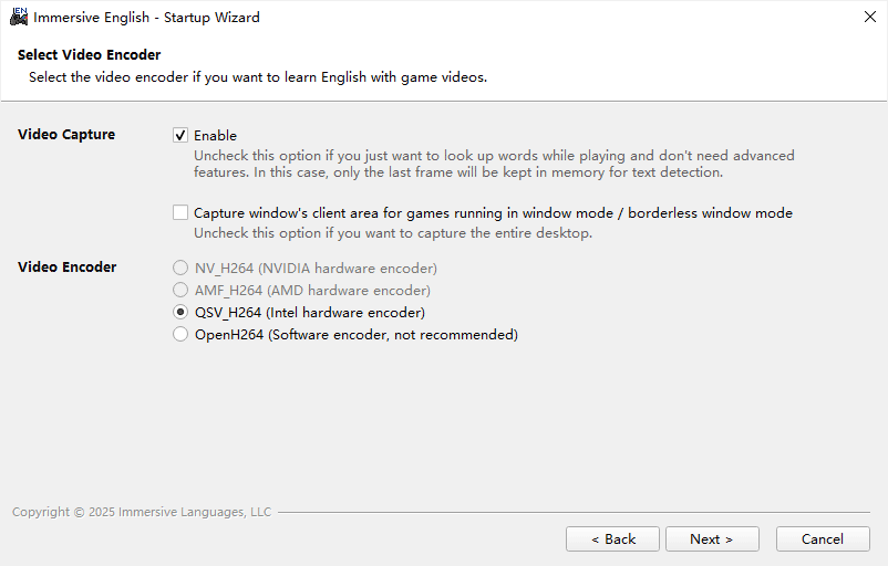 startup wizard: select video encoder