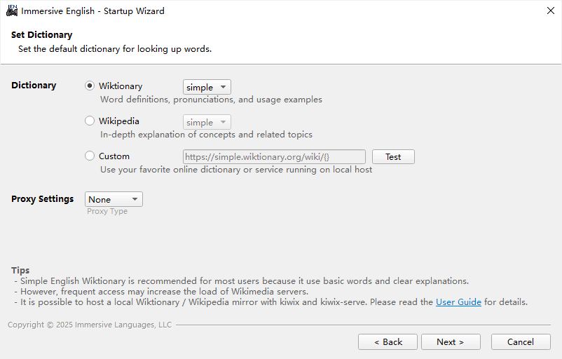 startup wizard: set dictionary